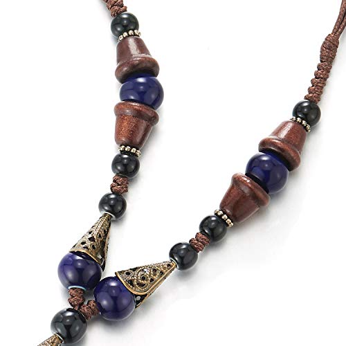 COOLSTEELANDBEYOND Boho Ethnic Long Necklace Wood Beads Black Blue Gem Stone String with Dangling Oval Charm - coolsteelandbeyond