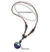 COOLSTEELANDBEYOND Boho Ethnic Long Necklace Wood Beads Black Blue Gem Stone String with Dangling Oval Charm - coolsteelandbeyond