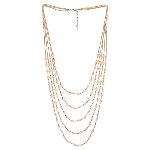 COOLSTEELANDBEYOND Champagne Gold Oval Beads Statement Necklace Multi-Strand Long Chains with Crystal Charms Pendant - coolsteelandbeyond