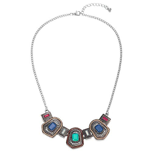 COOLSTEELANDBEYOND Choker Bib Collar Necklace, Colorful Gem Stone Geometric Rectangle Trapezium Pendant, Ethnic Retro - coolsteelandbeyond