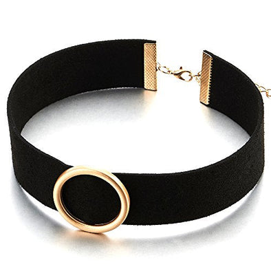 COOLSTEELANDBEYOND Classic Ladies Black Wide Choker Necklace with Rose Gold Circle Charm Pendant - COOLSTEELANDBEYOND Jewelry