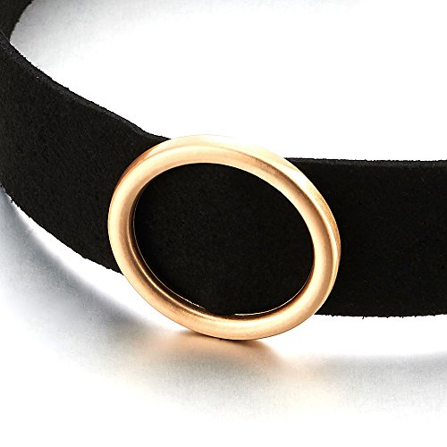 COOLSTEELANDBEYOND Classic Ladies Black Wide Choker Necklace with Rose Gold Circle Charm Pendant - COOLSTEELANDBEYOND Jewelry
