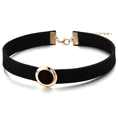 COOLSTEELANDBEYOND Classic Ladies Womens Black Choker Necklace with Rose Gold Circle Charm Pendant - coolsteelandbeyond