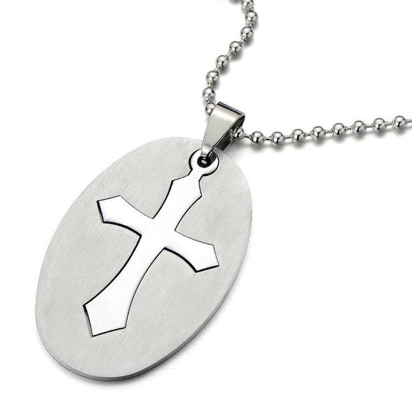 Classic Oval Cross Pendant Necklace for Men for Stainless Steel with 23.4 inches Ball Chain
