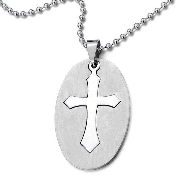Classic Oval Cross Pendant Necklace for Men for Stainless Steel with 23.4 inches Ball Chain