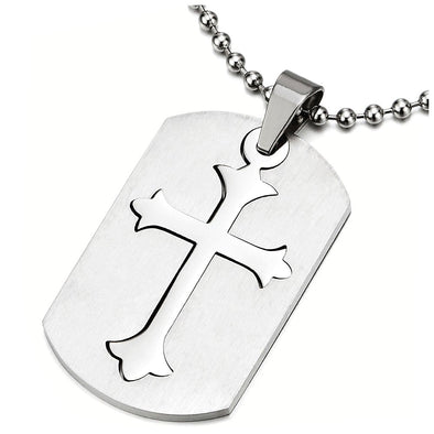 Classic Stainless Steel Mens Dog Tag Pendant Necklace with Cross, 23.6 inches Ball Chain - COOLSTEELANDBEYOND Jewelry