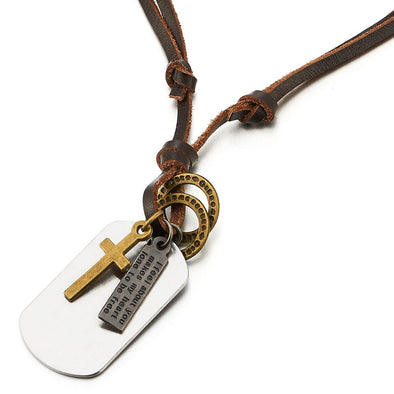 Cross Dog Tag Pendant Necklace for Men with Adjustable Brown Leather Cord - COOLSTEELANDBEYOND Jewelry