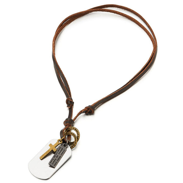 Cross Dog Tag Pendant Necklace for Men with Adjustable Brown Leather Cord