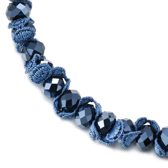 Dark Blue Choker Collar Statement Necklace Faceted Crystal Beads Chain Interwoven with Lace, Elegant