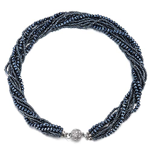 COOLSTEELANDBEYOND Dark Blue Statement Necklace Multi-Layer Beads Crystal Braided Chain Choker Collar Magnetic Clasp - coolsteelandbeyond