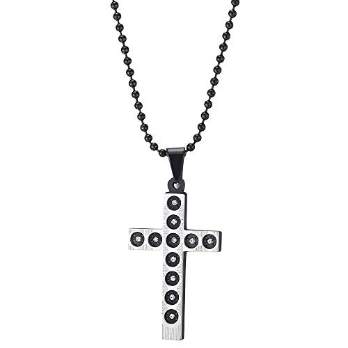 COOLSTEELANDBEYOND Double-Layer Steel Mens Women Stripes Cross Pendant Necklace with CZ, Silver Black, 24 inches Chain - coolsteelandbeyond