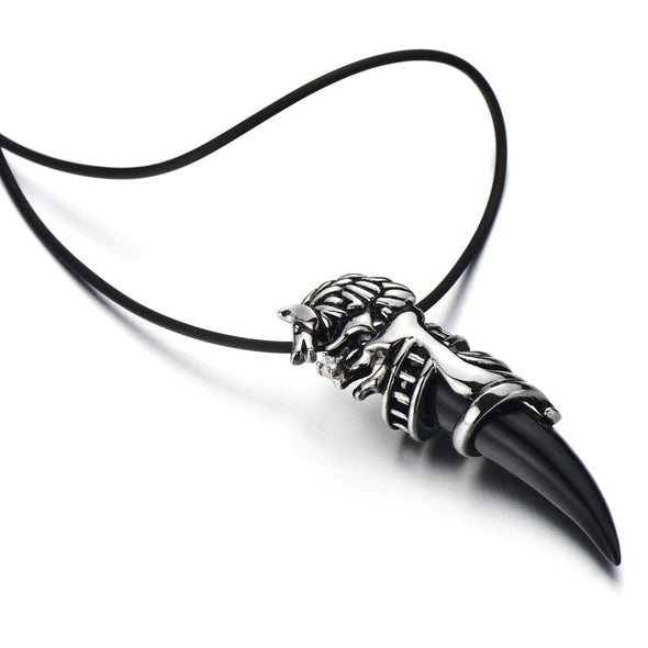 Dragon Horn Pendant Necklace Stainless Steel with Black Acrylic and Silicone Strap