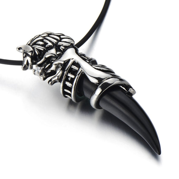 Dragon Horn Pendant Necklace Stainless Steel with Black Acrylic and Silicone Strap