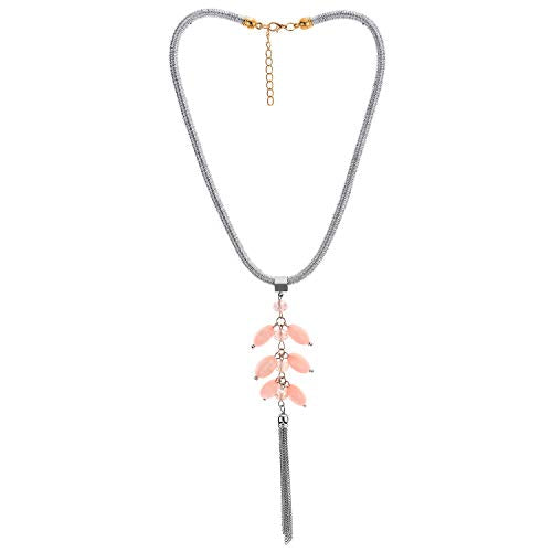 COOLSTEELANDBEYOND Elegant Long Chain Statement Choker Necklace with Pink Pearl Bead Crystal Tassel Pendant Dress Party - coolsteelandbeyond