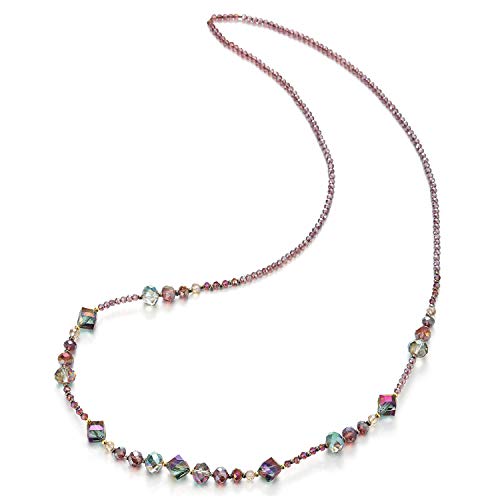 COOLSTEELANDBEYOND Elegant Purple Rainbow Statement Necklace Long Beads Chain with Crystal Bead Charm Dress Prom Party - coolsteelandbeyond