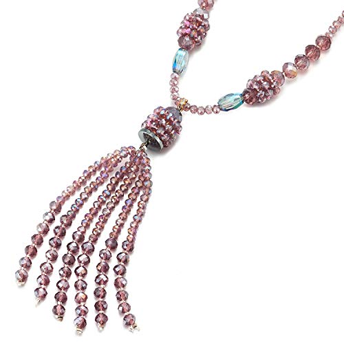 COOLSTEELANDBEYOND Elegant Statement Necklace Y-Shape Fringe Tassel Pendant Purple Rainbow Crystal Beads Long Chain - coolsteelandbeyond
