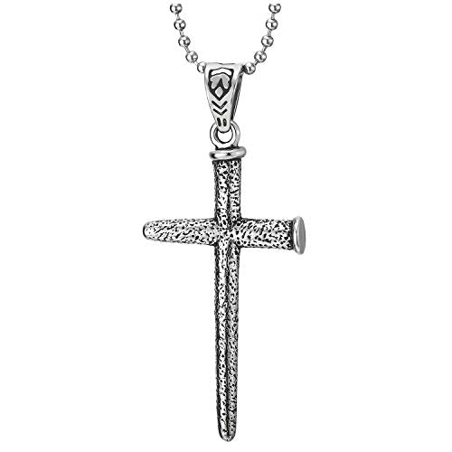 COOLSTEELANDBEYOND Exclusive Mens Womens Steel Vintage Textured Nail Cross Pendant Necklace, 30 inches Ball Chain - coolsteelandbeyond