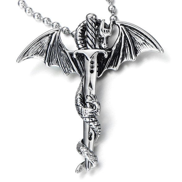 Exquisite Mens Bat Wing Dragon Sword Pendant Stainless Steel Necklace with 23.4 in Ball Chain - COOLSTEELANDBEYOND Jewelry