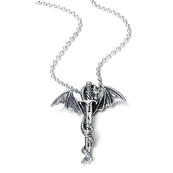 Exquisite Mens Bat Wing Dragon Sword Pendant Stainless Steel Necklace with 23.4 in Ball Chain - COOLSTEELANDBEYOND Jewelry
