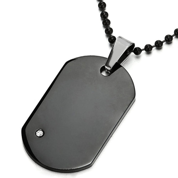 Exquisite Mens Stainless Steel Black Dog Tag Pendant Necklace with Cubic Zirconia, 23.6 inch Chain - COOLSTEELANDBEYOND Jewelry