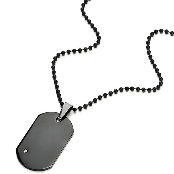 Exquisite Mens Stainless Steel Black Dog Tag Pendant Necklace with Cubic Zirconia, 23.6 inch Chain - COOLSTEELANDBEYOND Jewelry