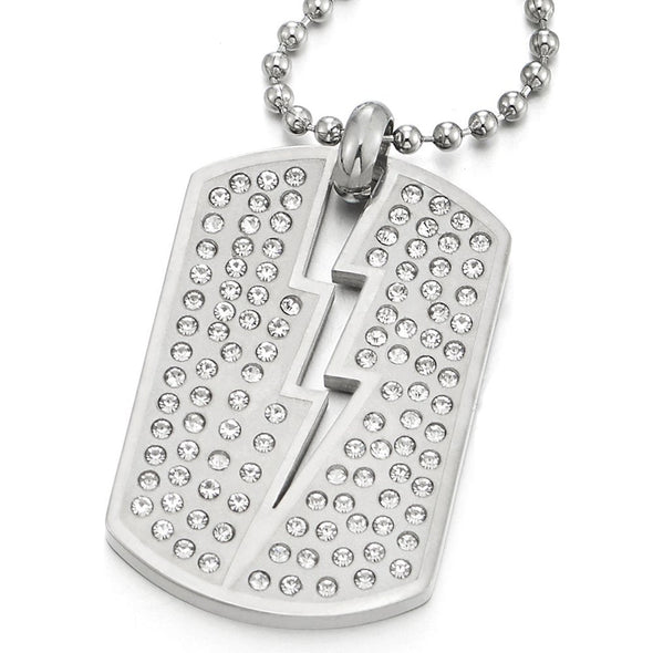 Exquisite Mens Women Steel Dog Tag Pendant Necklace with Lightning and Cubic Zirconia, 30 inch Chain - COOLSTEELANDBEYOND Jewelry