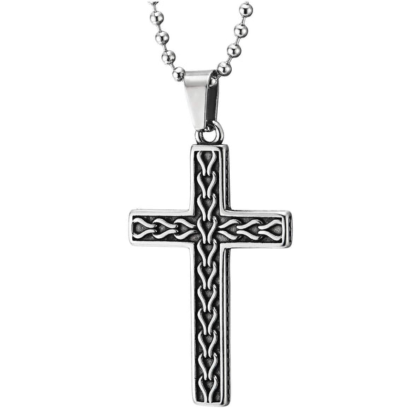 Exquisite Mens Womens Steel Cross Pendant Necklace with Braided Link Pattern, 23.6 in Ball Chain