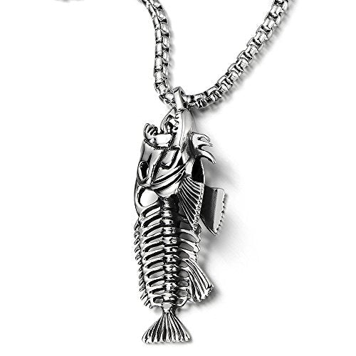 Extra Large Mens Fish Skeleton Bone Pendant Necklace Steel Gothic Style, 30 inches Wheat Chain
