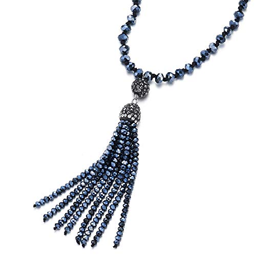 COOLSTEELANDBEYOND Fashion Statement Necklace Y-Shape Fringe Tassel Pendant Dark Grey Blue Crystal Beads Long Chain - coolsteelandbeyond