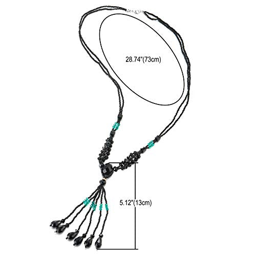 COOLSTEELANDBEYOND Fashionable Statement Necklace Y-Shape Fringe Tassel Pendant Black Green Crystal Beads Long Chain - coolsteelandbeyond