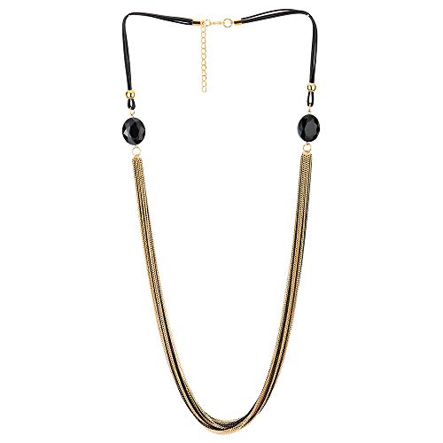 COOLSTEELANDBEYOND Gold Black Statement Necklace Multi-Strand Long Chains with Black Gem Stone Charms Pendant, Dress - coolsteelandbeyond