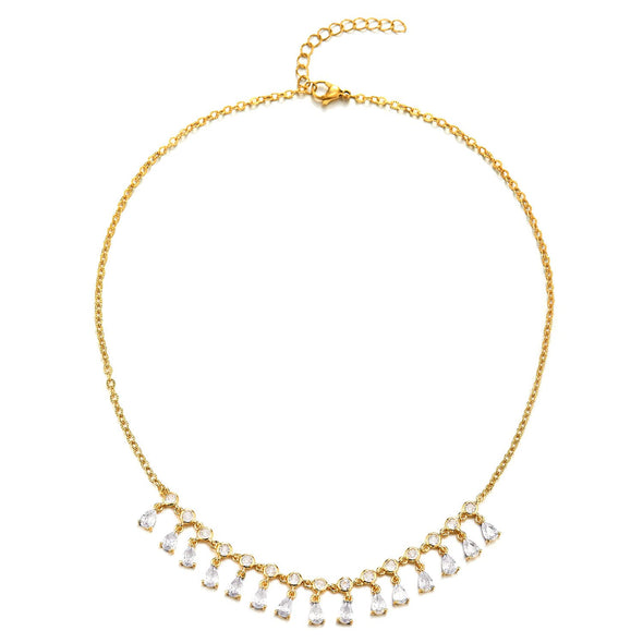 Gold Color Choker Bib Collar Pendant Necklace, Pear Rhinestone Crystal Cluster Charms, Wedding Dress - COOLSTEELANDBEYOND Jewelry