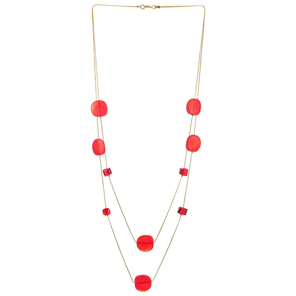 Gold Statement Necklace Two-Strand Long Chain with Bright Red Cube Crystal Beads and Circle Charms - COOLSTEELANDBEYOND Jewelry