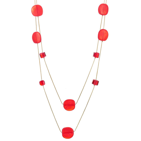 Gold Statement Necklace Two-Strand Long Chain with Bright Red Cube Crystal Beads and Circle Charms - COOLSTEELANDBEYOND Jewelry