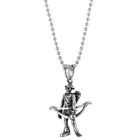 Gothic Biker Mens Steel Vintage Hunter Skull Body Arrow Bow Pendant Necklace, 23.6 inches Ball Chain - COOLSTEELANDBEYOND Jewelry