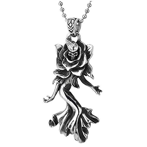 COOLSTEELANDBEYOND Gothic Biker Mens Womens Steel Vintage Skull Body Rose Flower Lady Dancing Pendant Necklace - coolsteelandbeyond