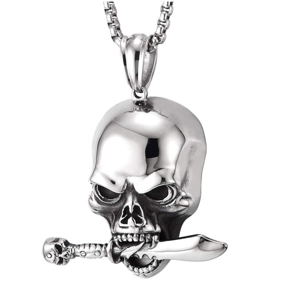 COOLSTEELANDBEYOND Gothic Biker Punk, Mens Stainless Steel Sword Skull Pendant Necklace with 30 Inches Wheat Chain - coolsteelandbeyond