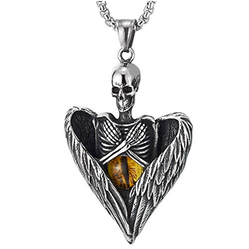COOLSTEELANDBEYOND Gothic Man Women Steel Vintage Skull Skeleton Angel Wing Heart Pendant Necklace with Yellow Evil Eye - coolsteelandbeyond