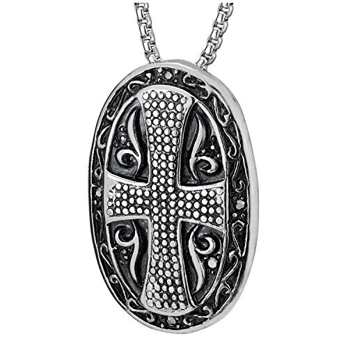 COOLSTEELANDBEYOND Gothic Mens Steel Tribal Vintage Dotted Cross Oval Medal Shield Pendant Necklace 30 in Wheat Chain - coolsteelandbeyond