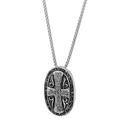 COOLSTEELANDBEYOND Gothic Mens Steel Tribal Vintage Dotted Cross Oval Medal Shield Pendant Necklace 30 in Wheat Chain - coolsteelandbeyond