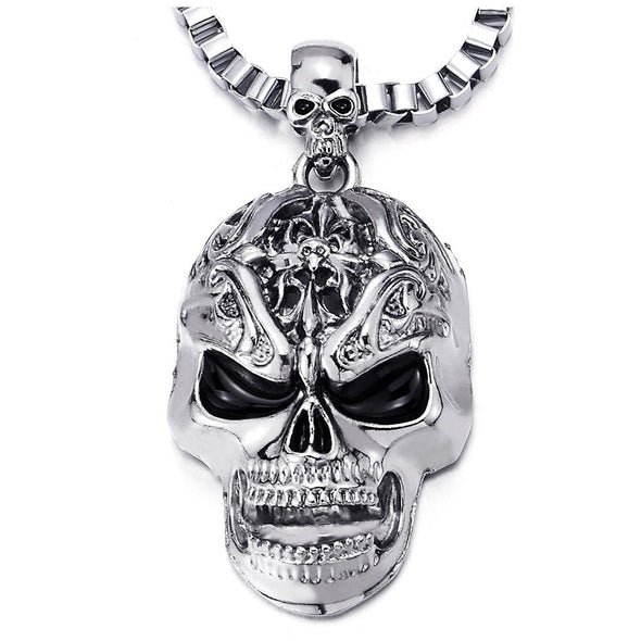 Gothic Punk Mens Large Skull Pendant Necklace Polished with 22.4 inches Box Chain