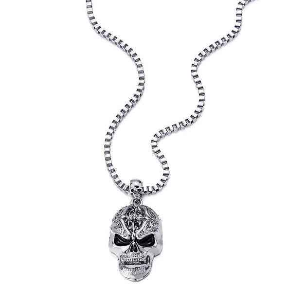 Gothic Punk Mens Large Skull Pendant Necklace Polished with 22.4 inches Box Chain