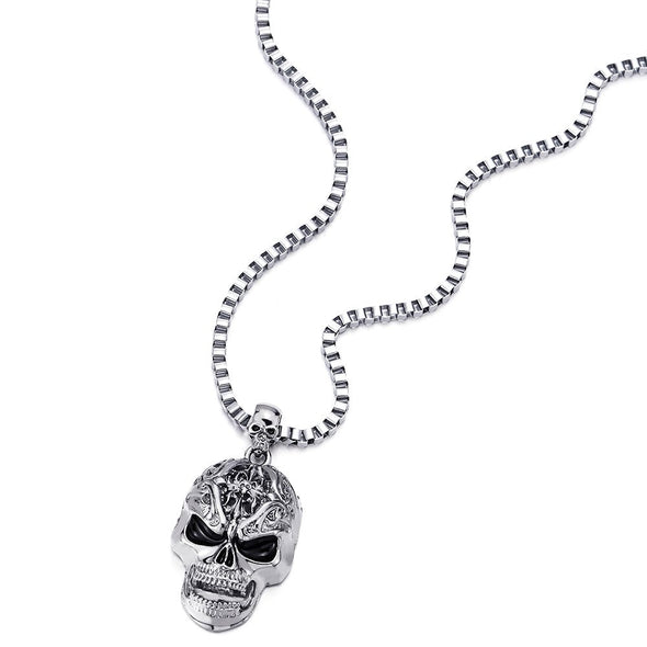 Gothic Punk Mens Large Skull Pendant Necklace Polished with 22.4 inches Box Chain