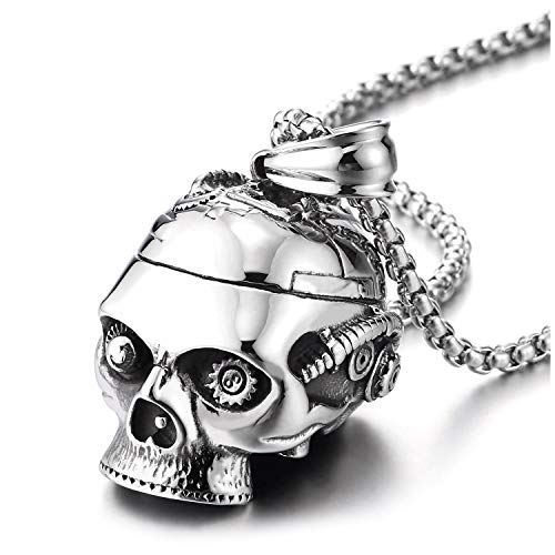COOLSTEELANDBEYOND Gothic Punk Mens Steel Mechanic Skull Pendant Necklace, Polished, 30 inches Wheat Chain - coolsteelandbeyond