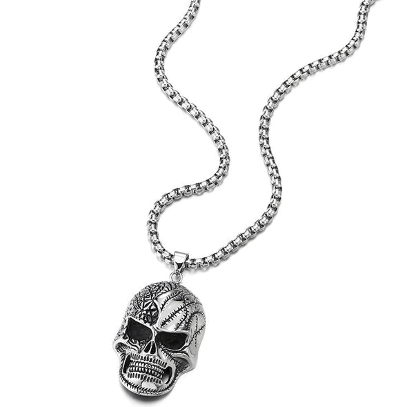 Gothic Punk Mens Women Steel Large Vintage Cracked Skull Pendant Necklace with 30 inches Wheat Chain