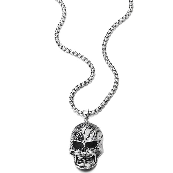 Gothic Punk Mens Women Steel Large Vintage Cracked Skull Pendant Necklace with 30 inches Wheat Chain