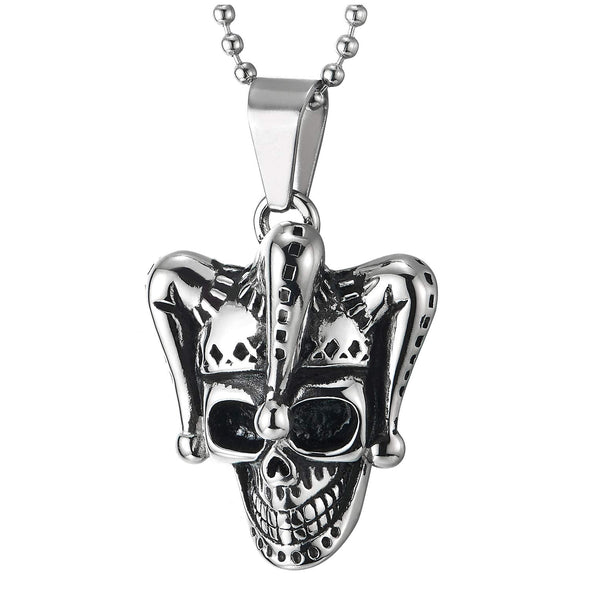 Gothic Punk Mens Women Steel Vintage Fancy Clown Skull Pendant Necklace with 30 inches Ball Chain - COOLSTEELANDBEYOND Jewelry