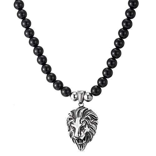 COOLSTEELANDBEYOND Gothic Punk Rock Mens Black Onyx Beads Necklace Stainless Steel Vintage Lion Head Pendant - coolsteelandbeyond