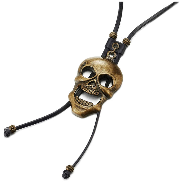 Gothic Punk Vintage Aged Brass Skull Bolo Tie Necktie, Lariat Rodeo Long Y Necklace, Black Leather - COOLSTEELANDBEYOND Jewelry