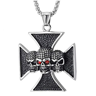 COOLSTEELANDBEYOND Gothic Rock Punk Mens Steel 3 Dotted Skulls Cross Pendant Necklace with Red CZ and Black Enamel - coolsteelandbeyond